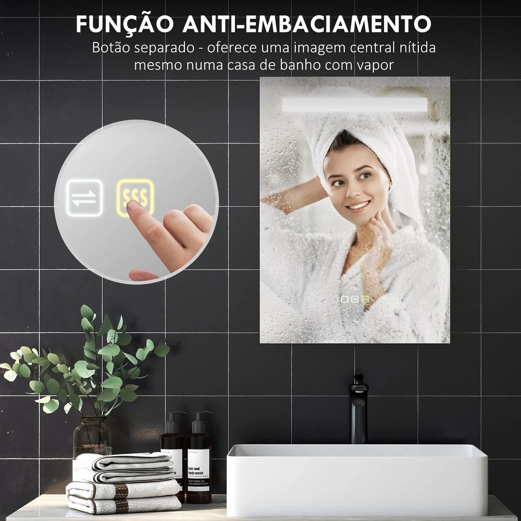 Espelho de Casa de Banho com Luz LED 70x50 cm 3 Cores de Luz Função Antiembaciamento Função de Memória IP44 Prata