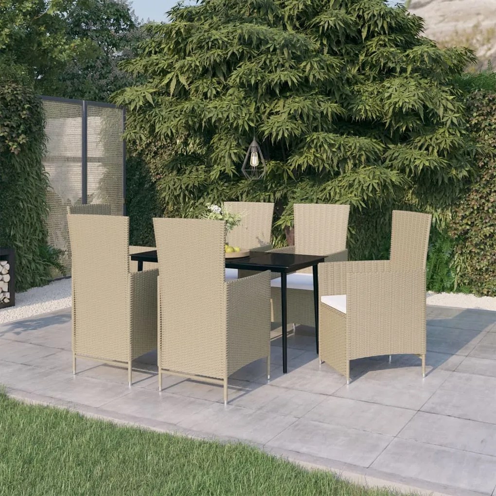 7 pcs conjunto de jantar para jardim com almofadões bege