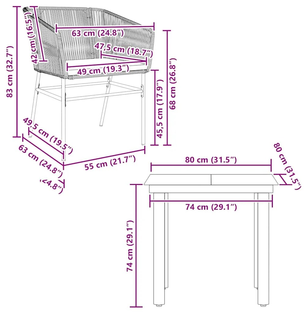 Conjunto jantar jardim 3 peças almofadas vidro vime PE castanho
