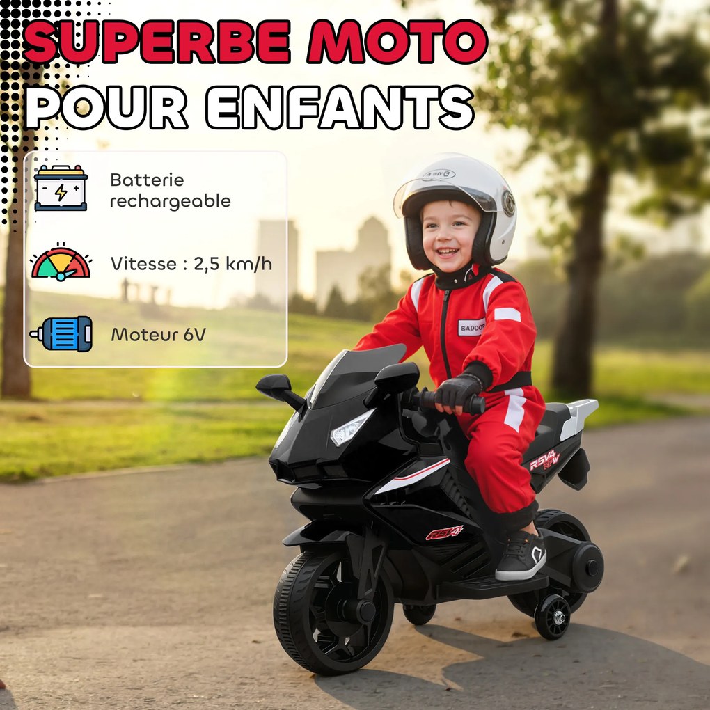 Moto elétrica para crianças 18-36 meses, moto a bateria de 6 V com efeitos luminosos e sonoros, rodas de treino, 75 x 36 x 49 cm, preta