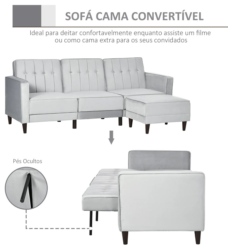 HOMCOM Sofá Cama com Chaise Longue de 3 Lugares Tato Aveludado com Encosto Ajustável e Apoio para os Pés Móvel 218x85x86cm Cinza