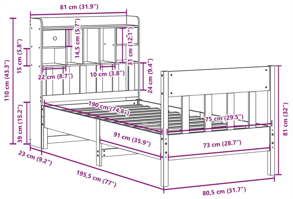 Cama sem colchão 75x190 cm madeira de pinho maciça branco