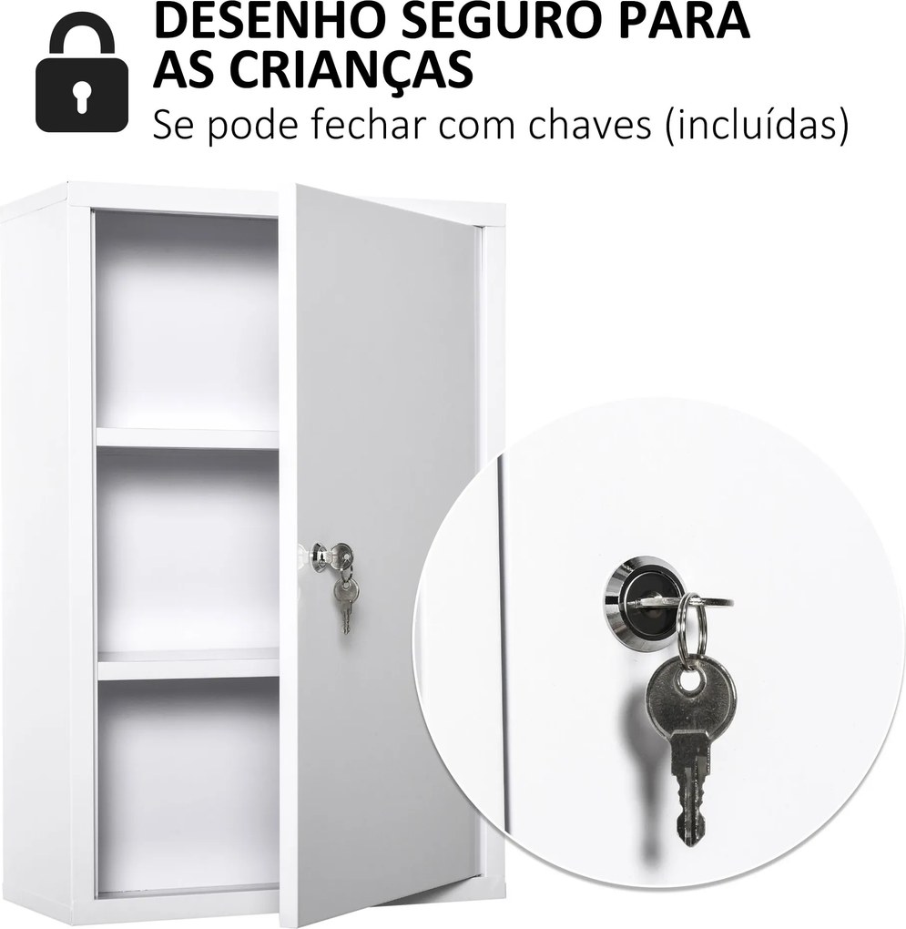 Armário Farmácia de Parede com 3 Prateleiras de Armazenamento e Fechadura com 2 Chaves 40x18x60cm Branco