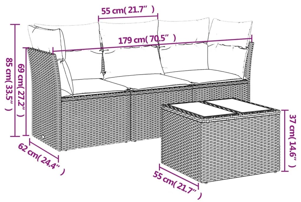 4 pcs conjunto sofás de jardim c/ almofadões vime PE castanho