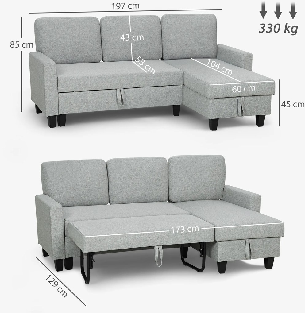 Sofá-Cama Chaise Longue de 3 Lugares Chaise Longue Reversível Ambos Lados com Armazenamento com Capas Removíveis 197x129x85 cm Cinza