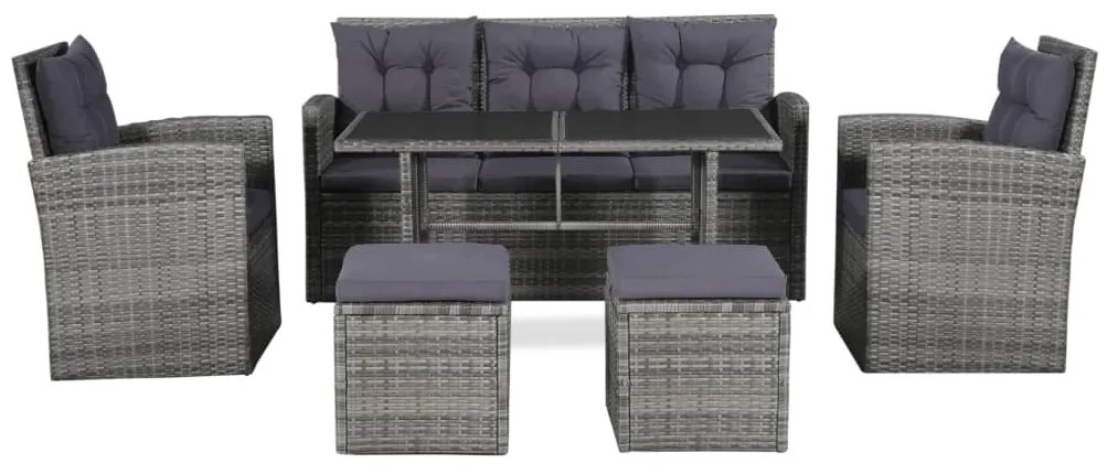 6 pcs conjunto lounge de jardim c/ almofadões vime PE cinzento