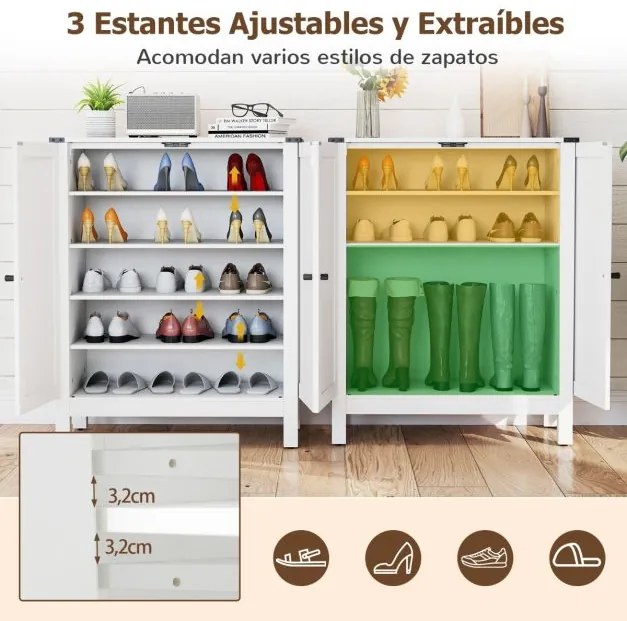Sapateira 80 x 35,5 x 100 cm com portas para sapatos de 5 níveis com prateleiras ajustáveis em madeira branca