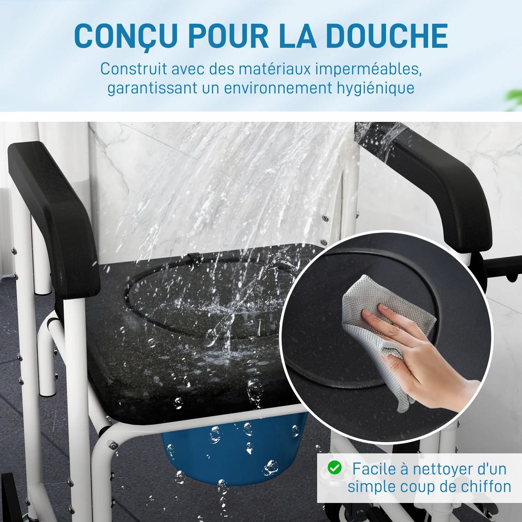 Cadeira sanitária para adultos com rodas 53 x 97 x 97 cm, cadeira sanitária para duche com apoio para os pés, encosto e braços, preta