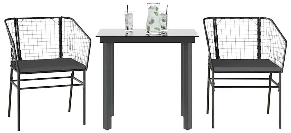 3 pcs conjunto jantar jardim almofadões vime PE vidro preto