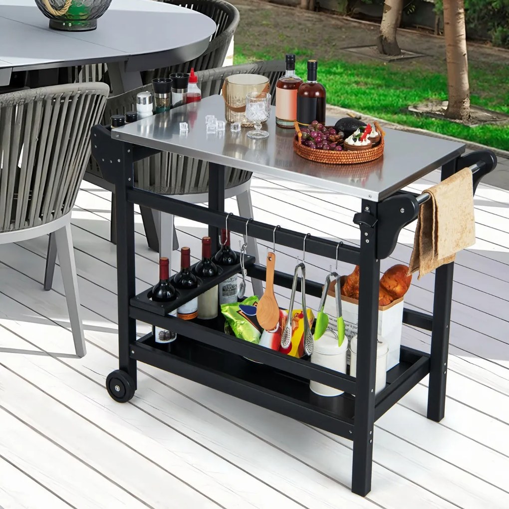Carrinho de cozinha e de jardim com suporte para forno de pizza em PEAD com rodas Mesa para garrafas de vinho em aço inoxidável 105 x 54 x 85 cm Preto