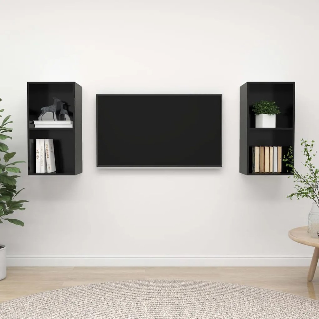 Armários de parede p/ TV 2pcs derivados madeira preto brilhante