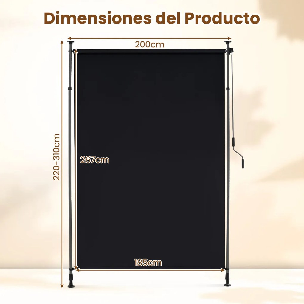 Toldo retrátil vertical 200 x 220-310 cm enrolável para exterior com altura ajustável com manivela para varanda ou piscina Preto