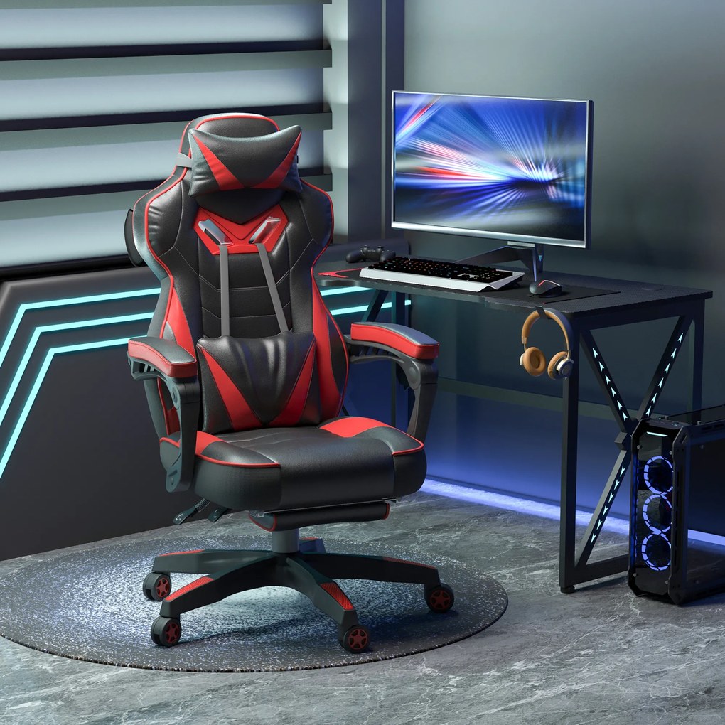 Cadeira de gaming ergonómica, cadeira de escritório confortável com apoio para os pés, apoio para a cabeça e almofada lombar, altura ajustável, preta