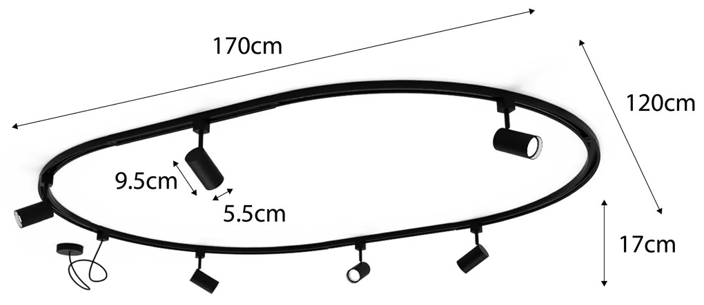 Sistema de iluminação de trilho moderno com 6 focos brancos monofásicos oval 100cm - Iconic Jeana