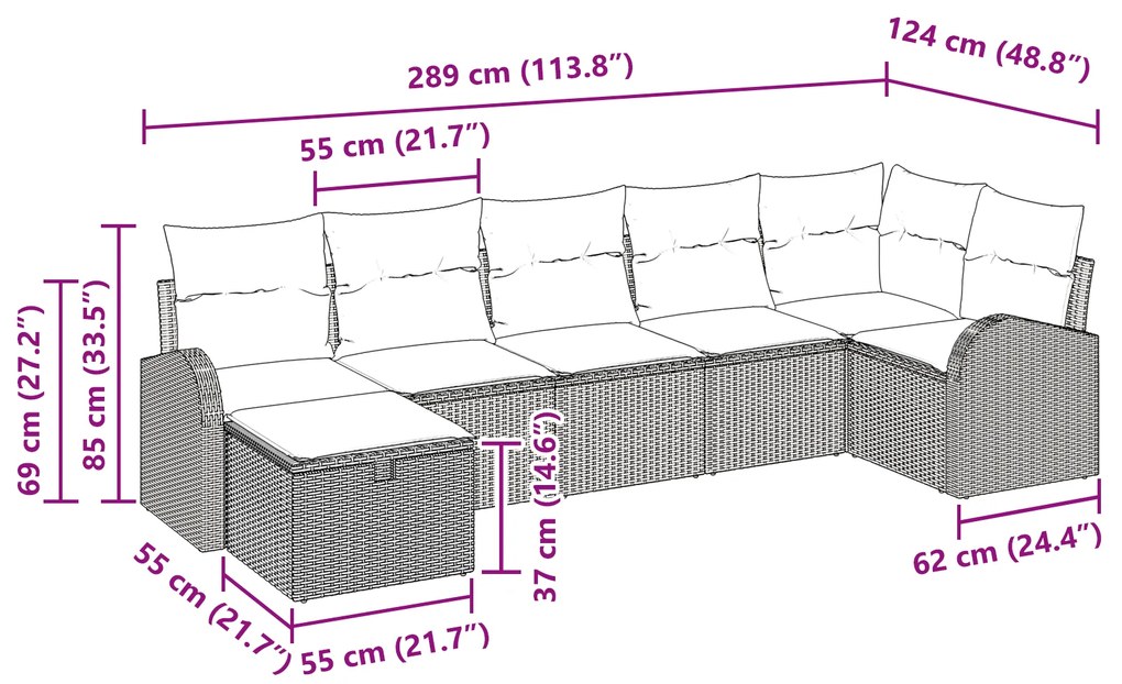 Conjunto de Sofás de Jardim 7 Peças com Almofadas Preto Rattan