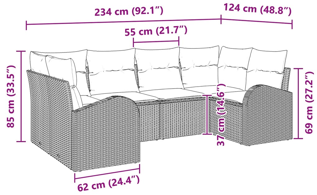 Conjunto de Sofá de Jardim 6 Peças com Almofadas Preto Rattan Sintétic