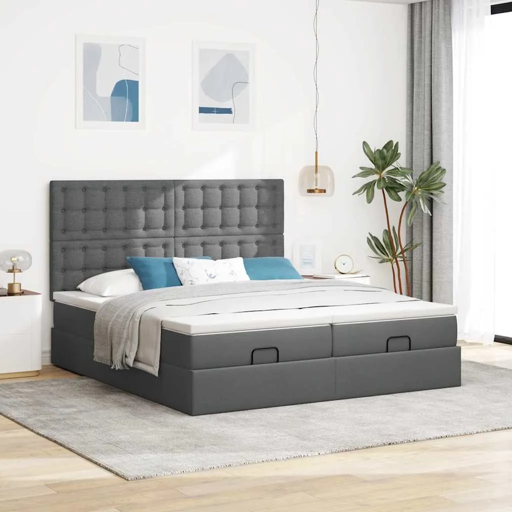 Estrutura de cama otomana com colchões tecido cinzento escuro