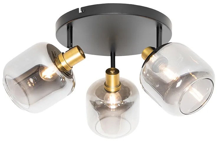 Foco de teto preto com dourado e vidro fumê 3 luzes - Zuzanna Moderno