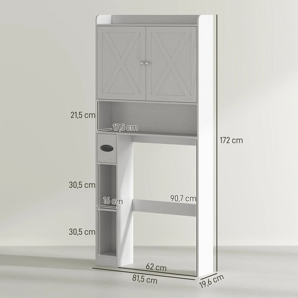 Móvel de casa de banho para colocar sobre a sanita 81,5 L x 19,6 P x 172 A cm, com armário com porta tipo celeiro, prateleira ajustável, compartimento