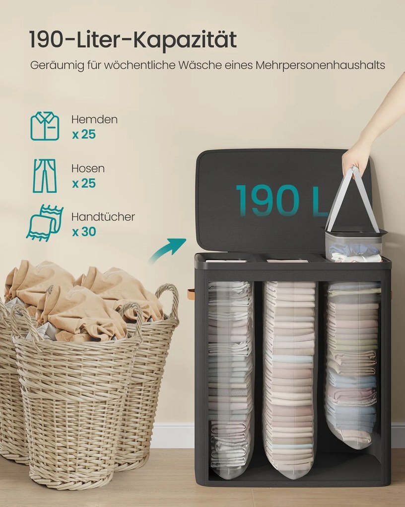 Cesto para roupa suja com 3 compartimentos, 190 l, 64 x 40 x 75 cm Preto