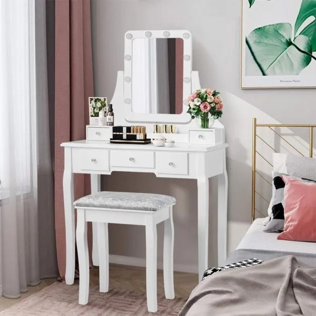 Toucador de madeira e banco com espelho giratório, luzes ajustáveis, 5 gavetas, caixa de armazenamento para quarto, closet branco