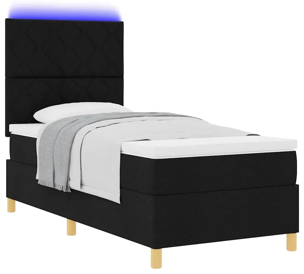 Cama Box Spring com Colchão &amp; LED Preto 90x200 cm Tecido