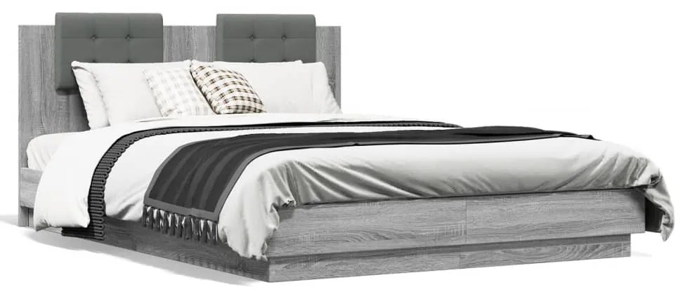 Estrutura de cama c/ cabeceira/luzes LED 120x200cm cinza sonoma