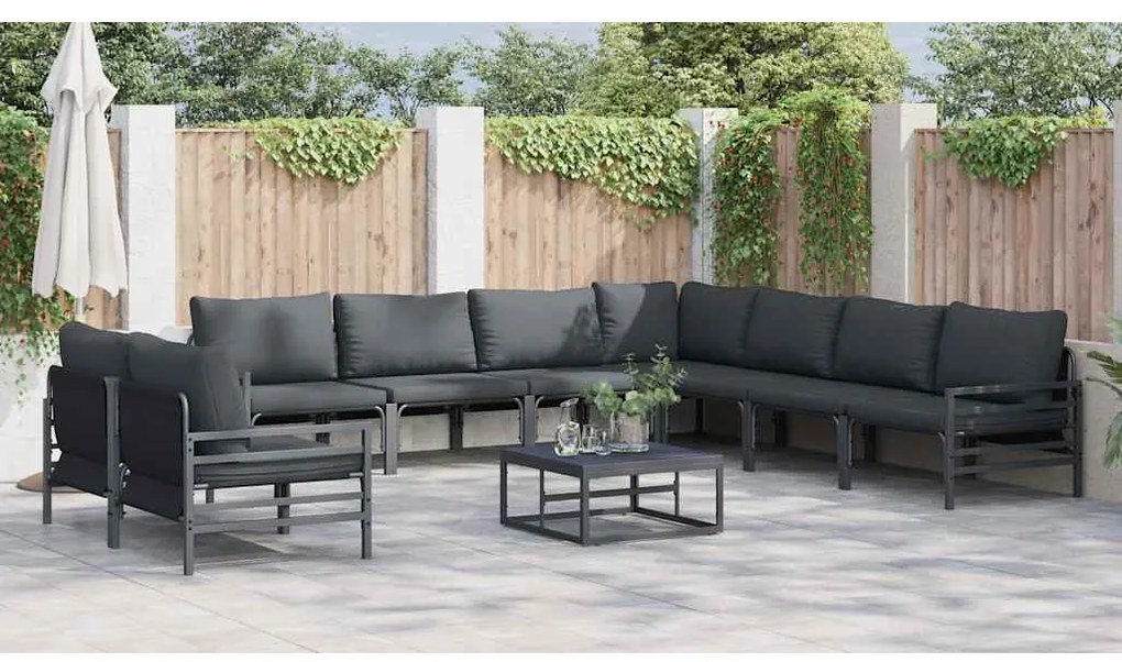 Conjunto de Sofá de Jardim 10 pcs Cinzento-escuro Aço