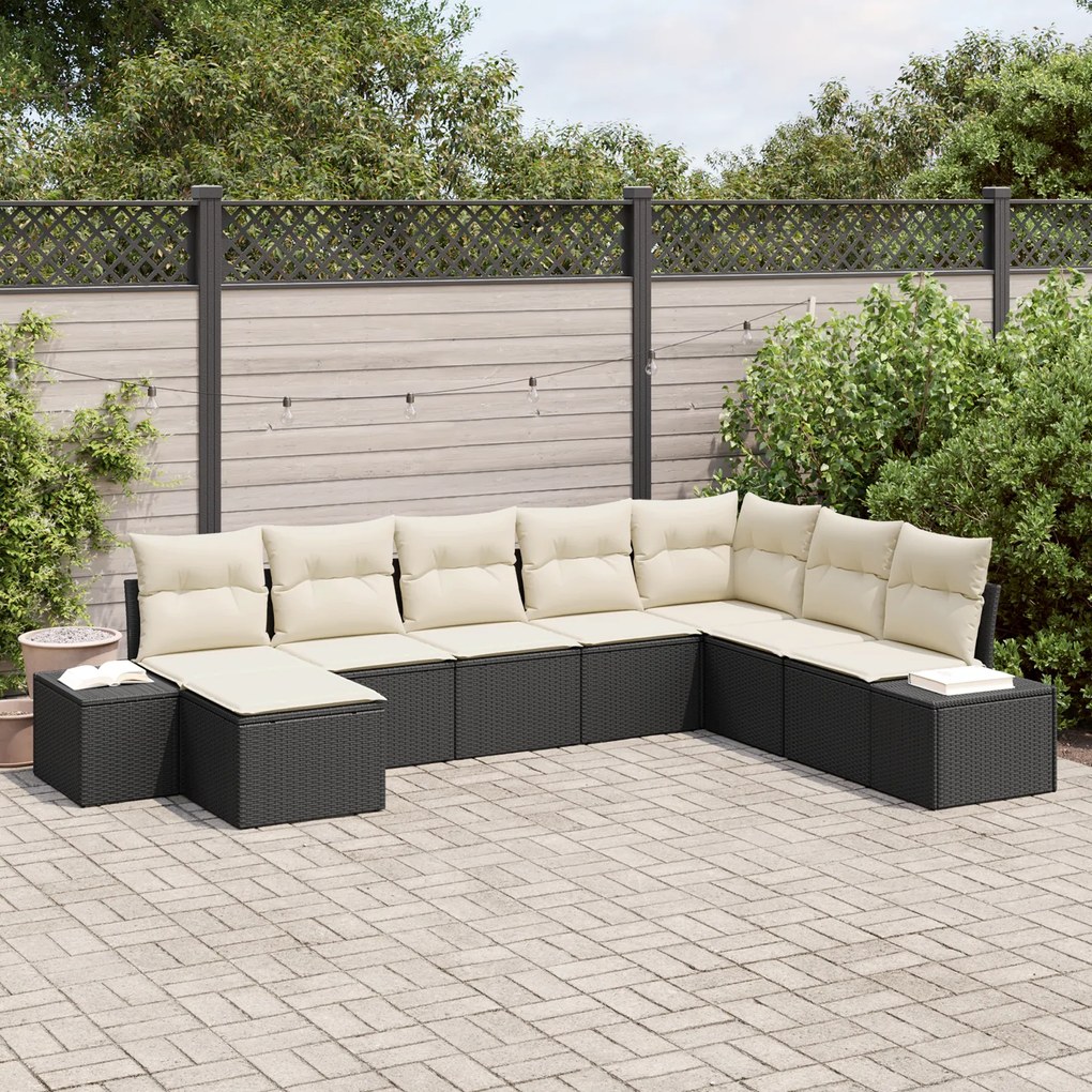 Conjunto de Sofá de Jardim de 8 Peças com Almofadas Preto Poliéster