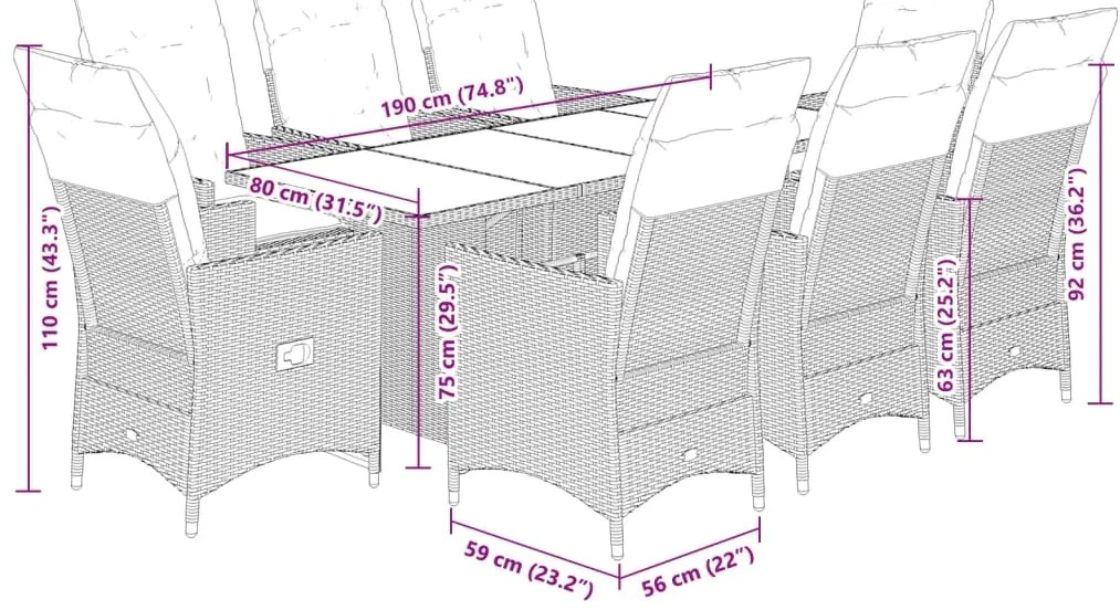 9 pcs conjunto de jantar p/ jardim com almofadões vime PE bege