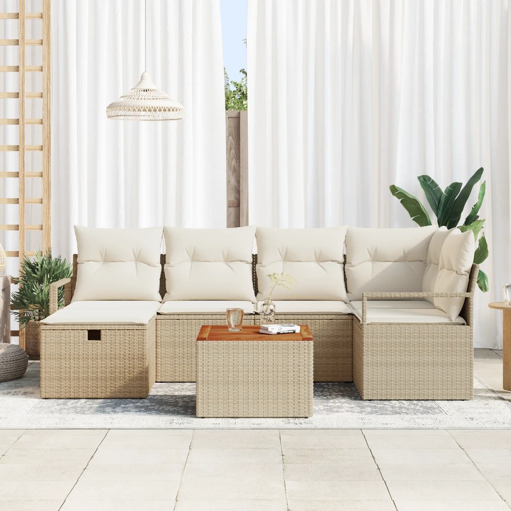 Conjunto de Sofás de Jardim de 7 Peças com Almofadas Bege Rattan de Po