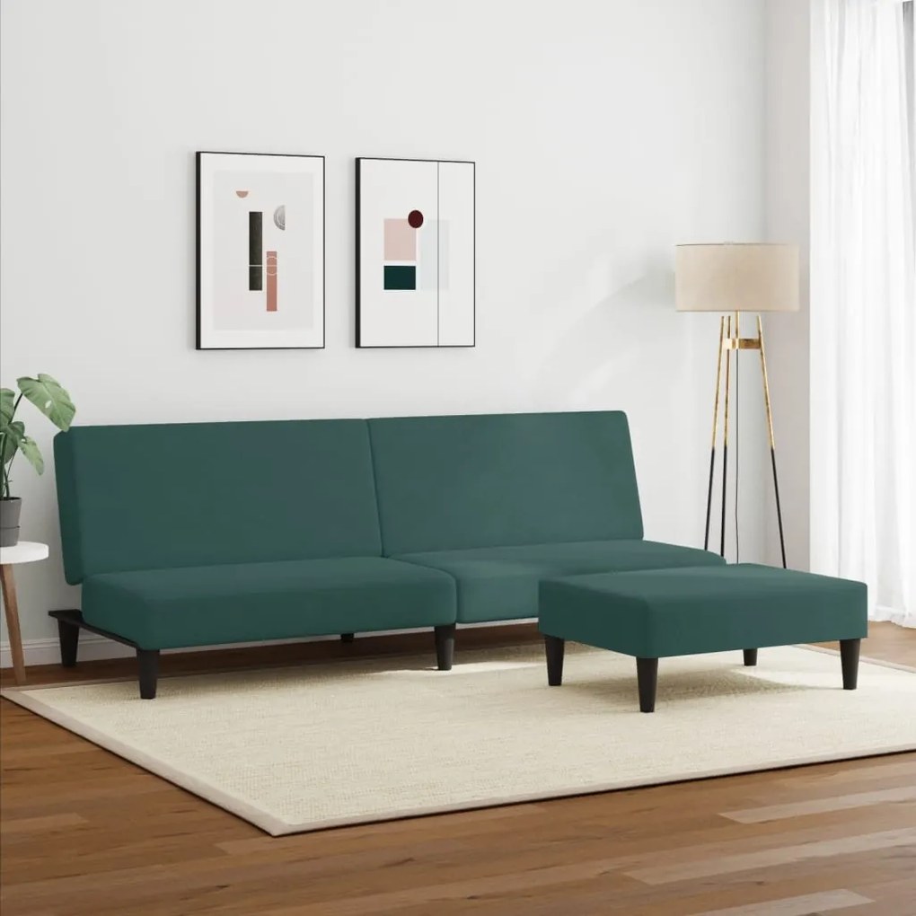 Sofá-cama 2 lugares c/ apoio de pés veludo verde-escuro