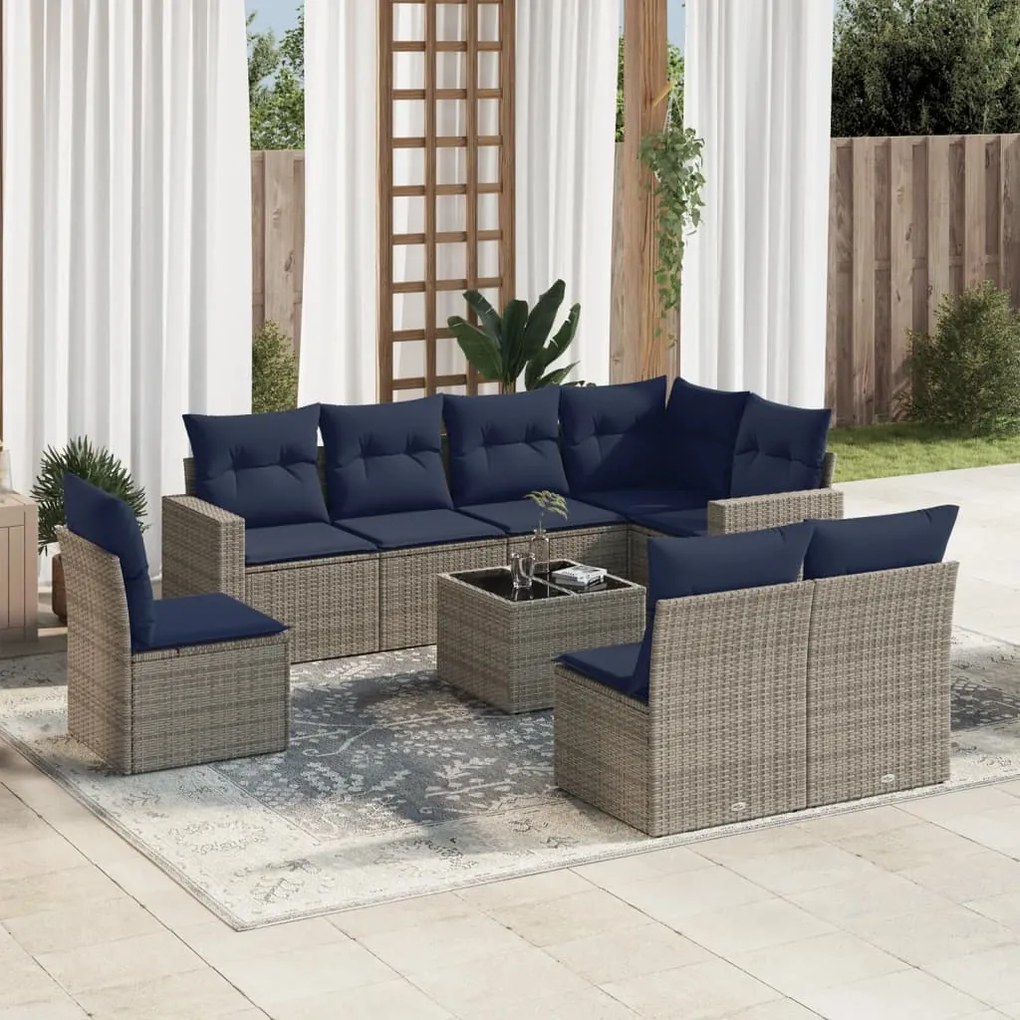 vidaXL 9 pcs conjunto sofás p/ jardim c/ almofadões vime PE cinzento