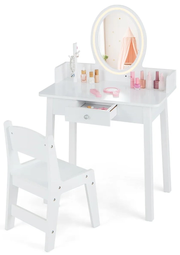 Conjunto de Toucador de Maquilhagem para Raparigas com Espelho Iluminado, Banco, Luz LED Iluminada, 2 Cores, Organizador de Jóias e Gaveta Branca