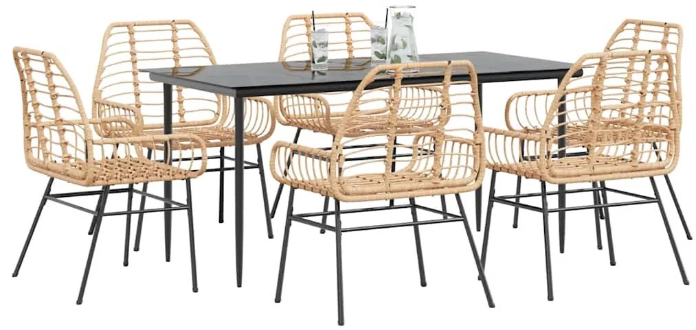 Conjunto jantar jardim 7 peças vidro vime PE castanho
