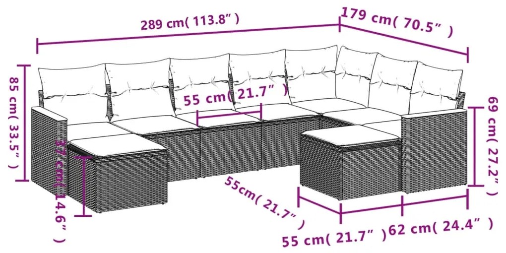 9 pcs conjunto de sofás p/ jardim c/ almofadões vime PE preto