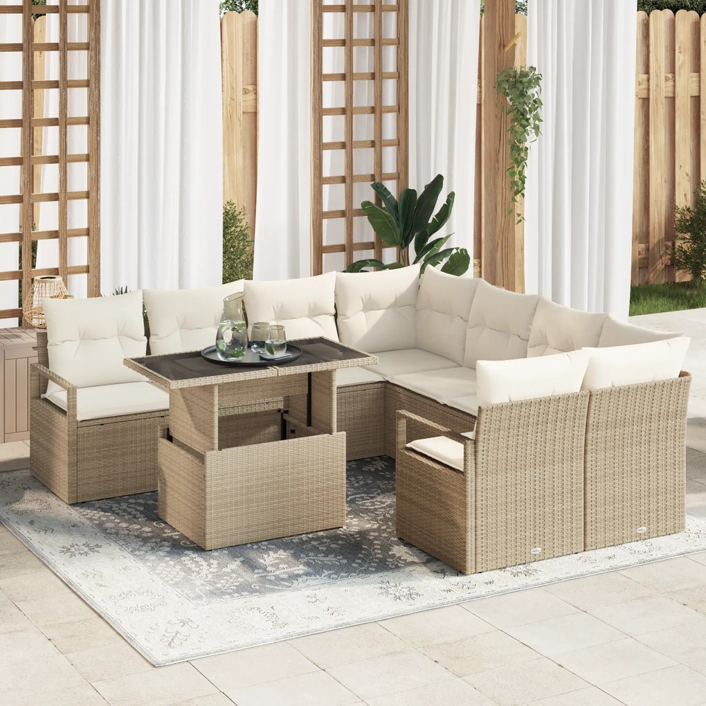 Conjunto de Sofás para Jardim vidaXL 9 Peças com Almofadas Bege Polirr