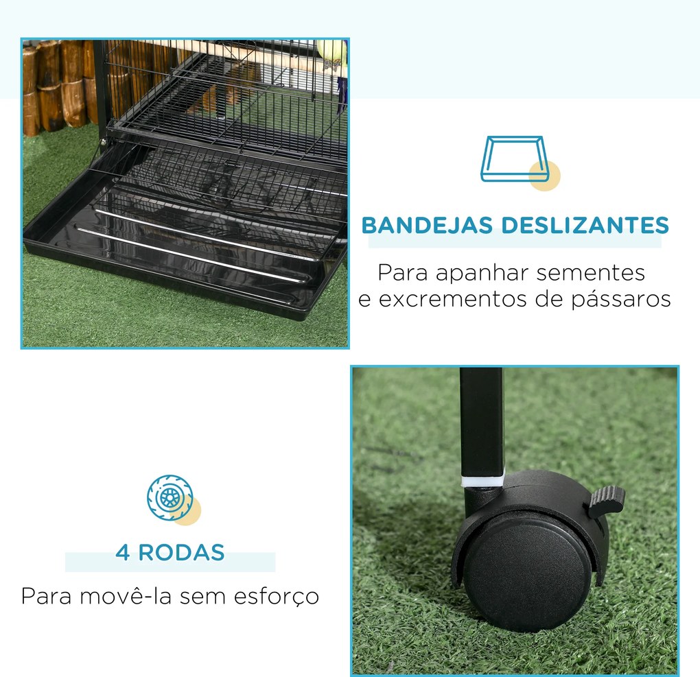 Gaiola para Pássaros com Rodas de 2 Níveis  com Bandejas Removíveis Portas Comedouros Poleiros 51,5x50x140 cm Preto