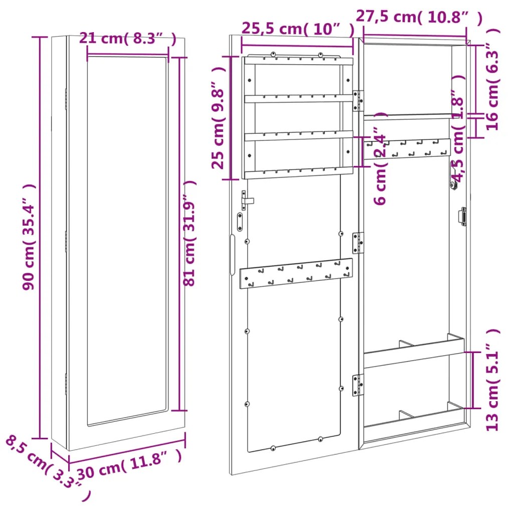 Móvel para joias de parede espelhado 30x8,5x90 cm