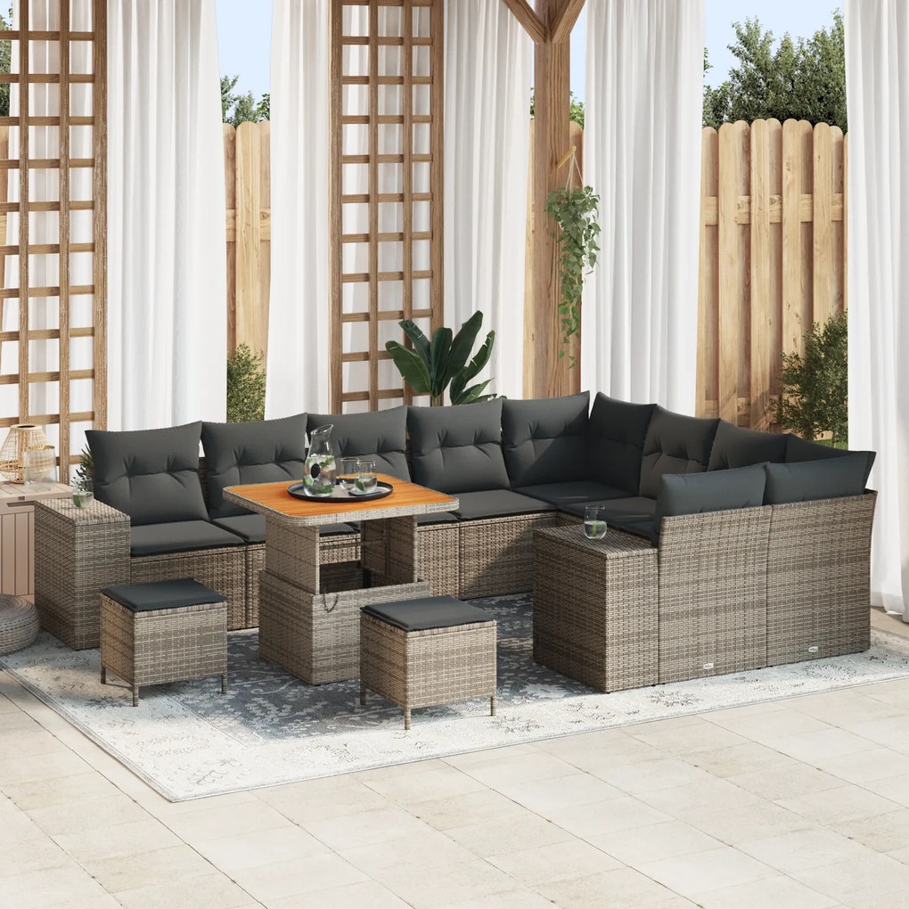 Conjunto de Sofá de Jardim de 12 Peças com Almofadas Cinza Rattan PE Acácia