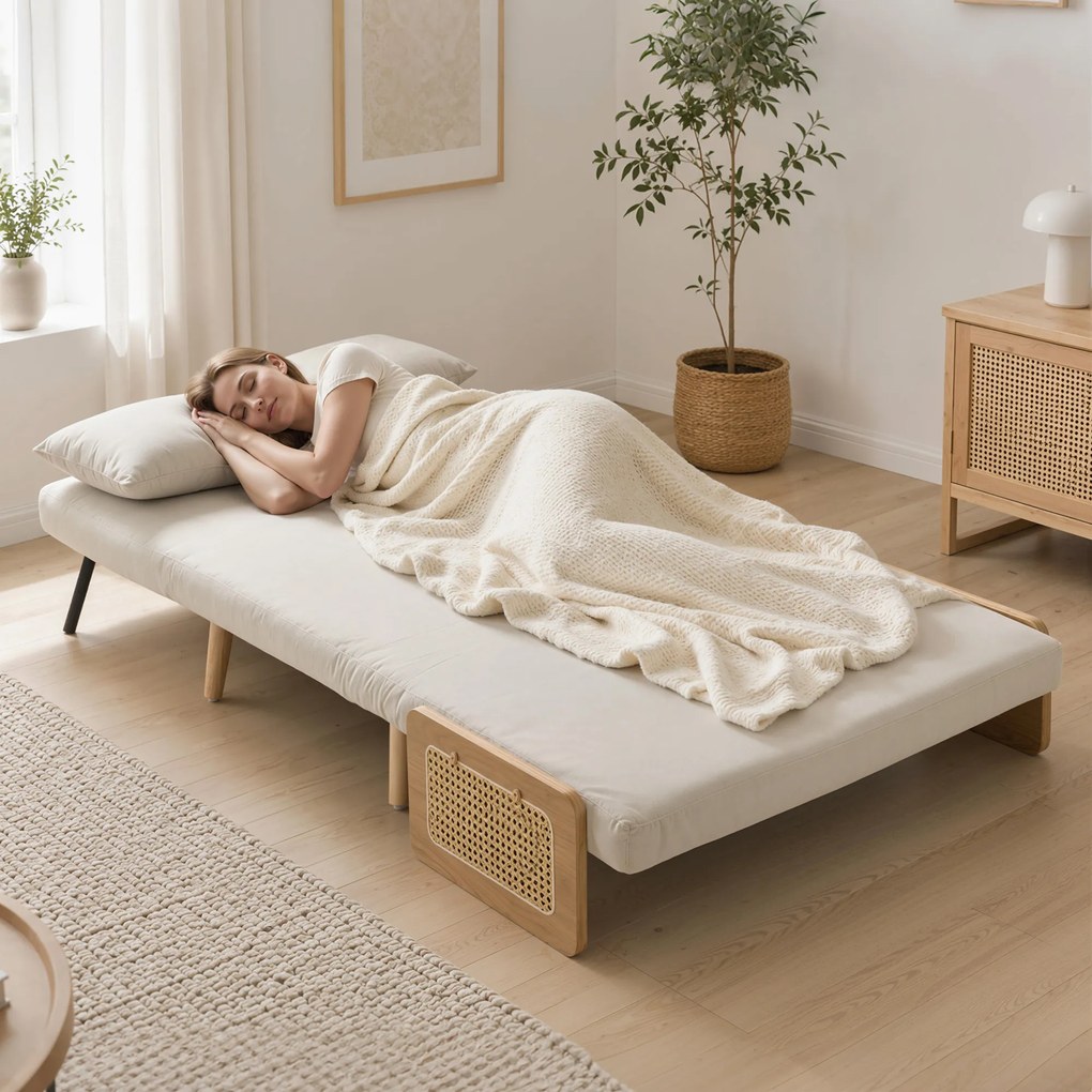 Sofá-cama de 2 lugares pequeno 103 L x 78 P x 82 A cm, 3 em 1 em chenille de 103 cm, encosto ajustável, 2 almofadas, braços em madeira, creme