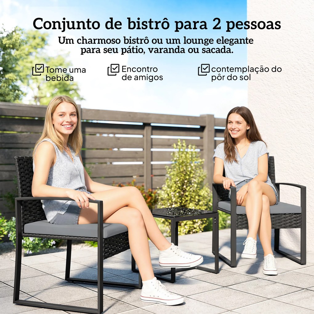 Conjunto de Móveis de Jardim de 3 Peças em Vime PE com Cadeiras Mesa de Vidro Temperado e Almofadas Cinza Claro