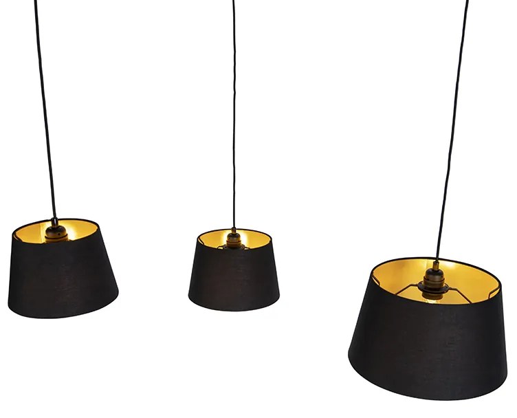 Candeeiro de suspensão com 3 cúpulas de algodão preto e dourado - Cava Clássico / Antigo