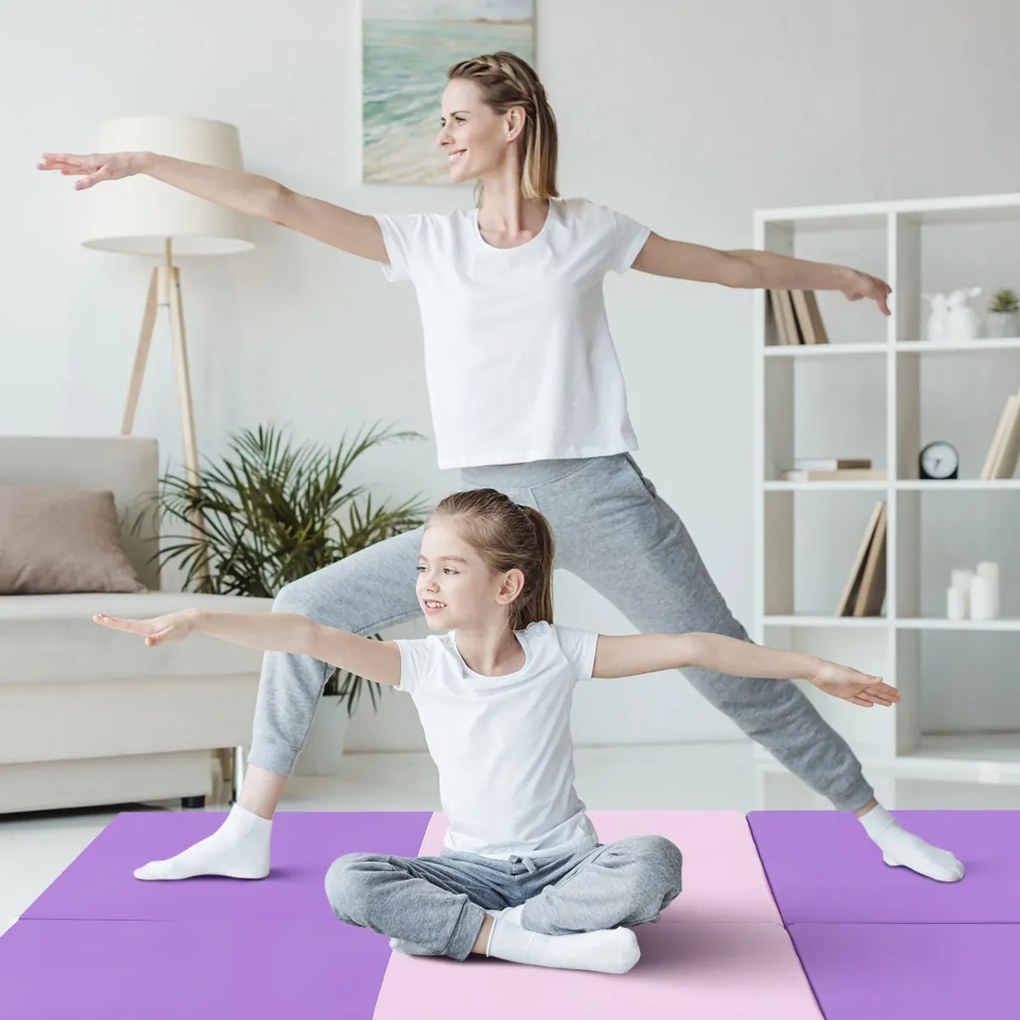Tapete duplo portátil ginástica leve para exercícios com 3 dores e 2 lados, almofada compacta de espuma EPE para academia, 180 x 60 x 5 cm Rosa