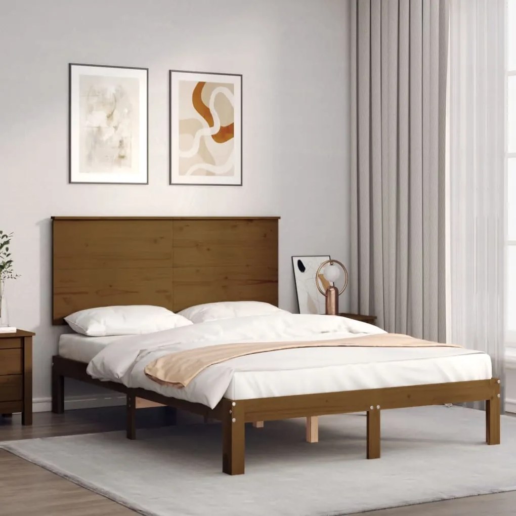 Estrutura cama cabeceira 140x190 cm madeira maciça castanho-mel