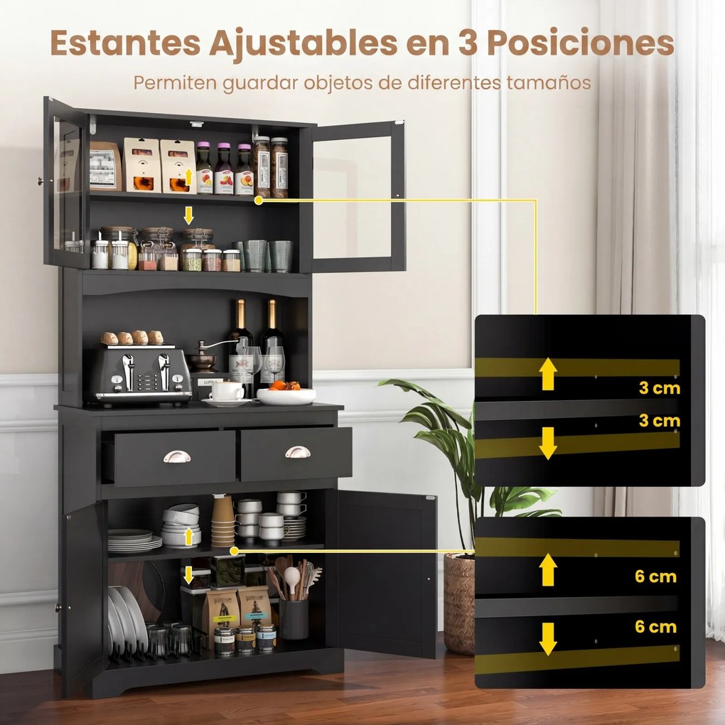 Armário Despenseiro de Cozinha, 80 x 40 x 170 cm, Prateleiras Ajustáveis, Preto