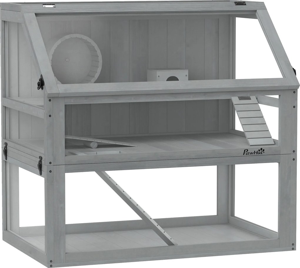PawHut Gaiola para Hamster em Madeira, 3 Andares com Subsolo Profundo, Camadas Removíveis, Para Pequenos Animais, 80x50x76cm, Cinza Claro | Aosom Portugal