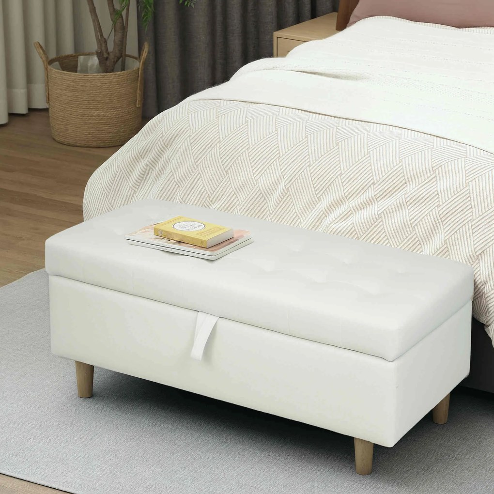 Banco de Arrumação Baú Estofado em Veludo com Pés de Madeira Capacidade 71L para Quarto Entrada ou Sala 100x50x43 cm Creme