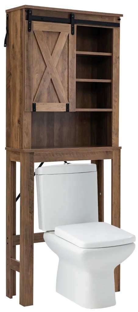 Armario de Armazenamento Sobre a sanita com porta deslizante Prateleiras ajustáveis 67 x 25 x 172 cm para casa de banho Castanho