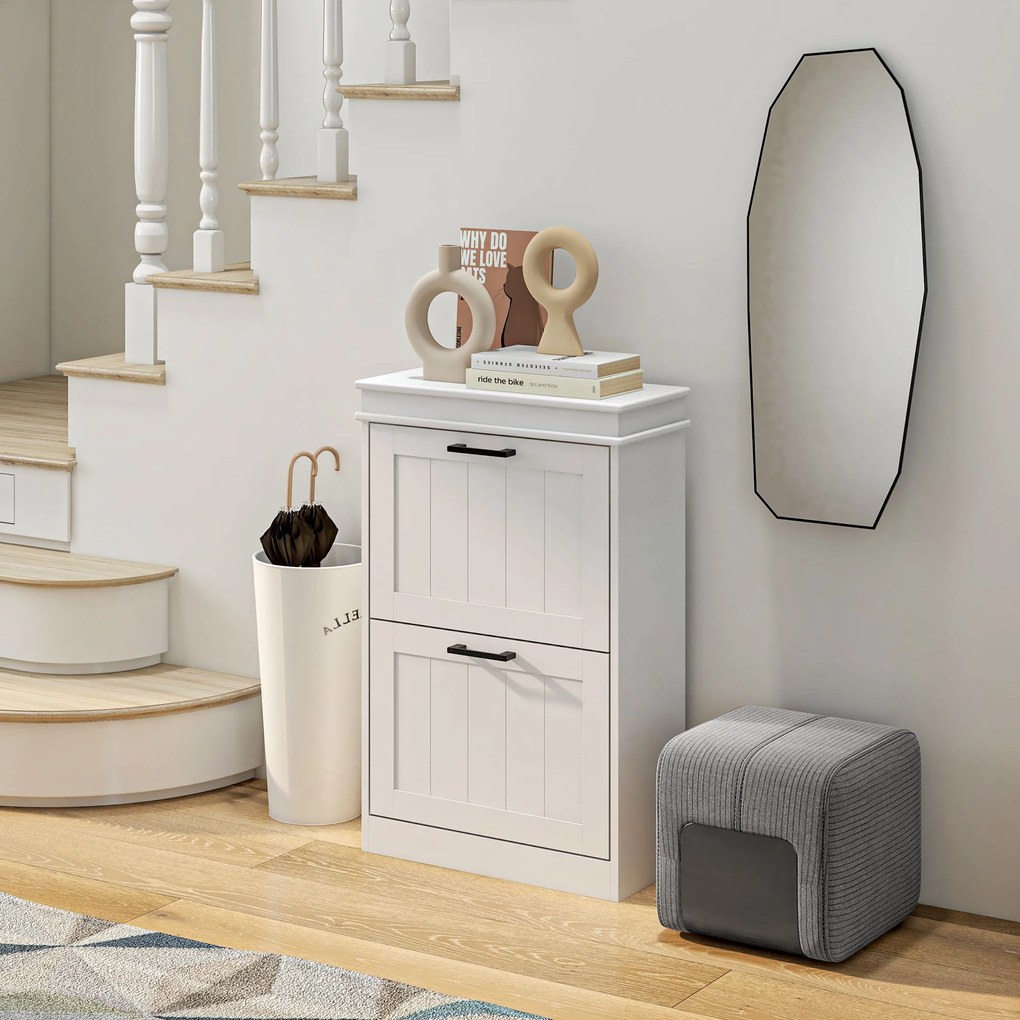 Sapateira com 2 portas basculantes 54 x 24 x 82,5 cm e prateleiras ajustáveis, para a entrada ou corredor, branco